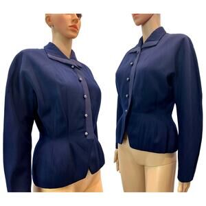 40s Blue Gabardine Jacket | Blazer Rhinestone Buttons & Ribbon Trim XS/S